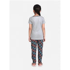 Girl's Cotton Hosiery Printed Night Suit Set (Grey-Red)