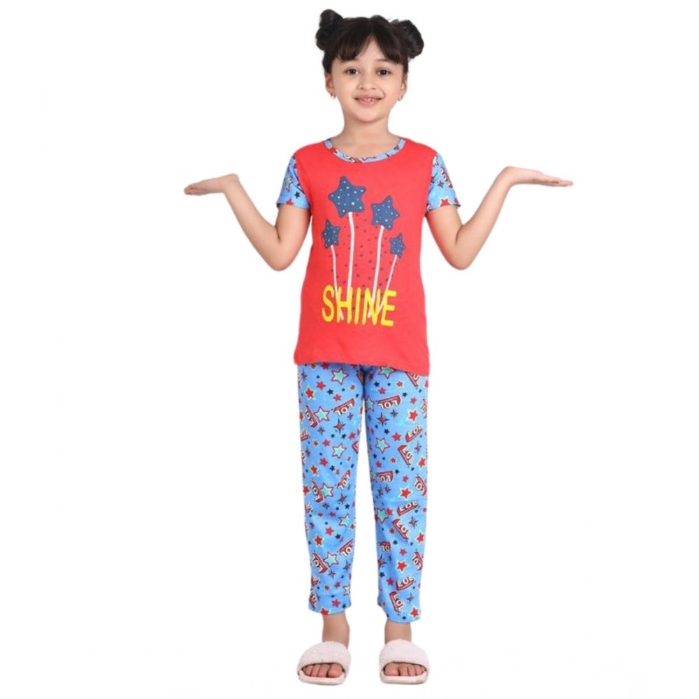 Girl's Cotton Hosiery Printed Night Suit Set (Red-Blue)