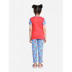 Girl's Cotton Hosiery Printed Night Suit Set (Red-Blue)