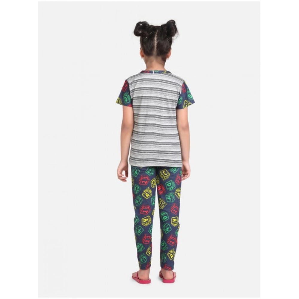 Girl's Cotton Hosiery Printed Night Suit Set (Grey-Green)