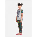 Girl's Cotton Hosiery Printed Night Suit Set (Grey-Green)