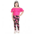 Girl's Cotton Floral Elasticated Jegging and Top Set (Black-Pink)