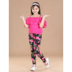 Girl's Cotton Floral Elasticated Jegging and Top Set (Black-Pink)