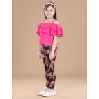 Girl's Cotton Floral Elasticated Jegging and Top Set (Black-Pink)