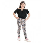 Girl's Cotton Floral Elasticated Jegging and Top Set (Black)