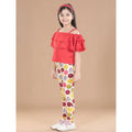 Girl's Cotton Floral Elasticated Jegging and Top Set (Red)