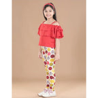 Girl's Cotton Floral Elasticated Jegging and Top Set (Red)