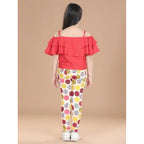 Girl's Cotton Floral Elasticated Jegging and Top Set (Red)