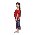 Girl's Rayon Crepe Printed Cold Shoulder Top and Pants Set (Red-Navy)