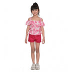 Girl's Cotton Floral Cold Shoulder Top and Shorts Set (Pink-Red)