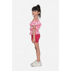 Girl's Cotton Floral Cold Shoulder Top and Shorts Set (Pink-Red)