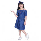Girl's Denim Solid Cold Shoulder Top and Skirt Set (Navy Blue)