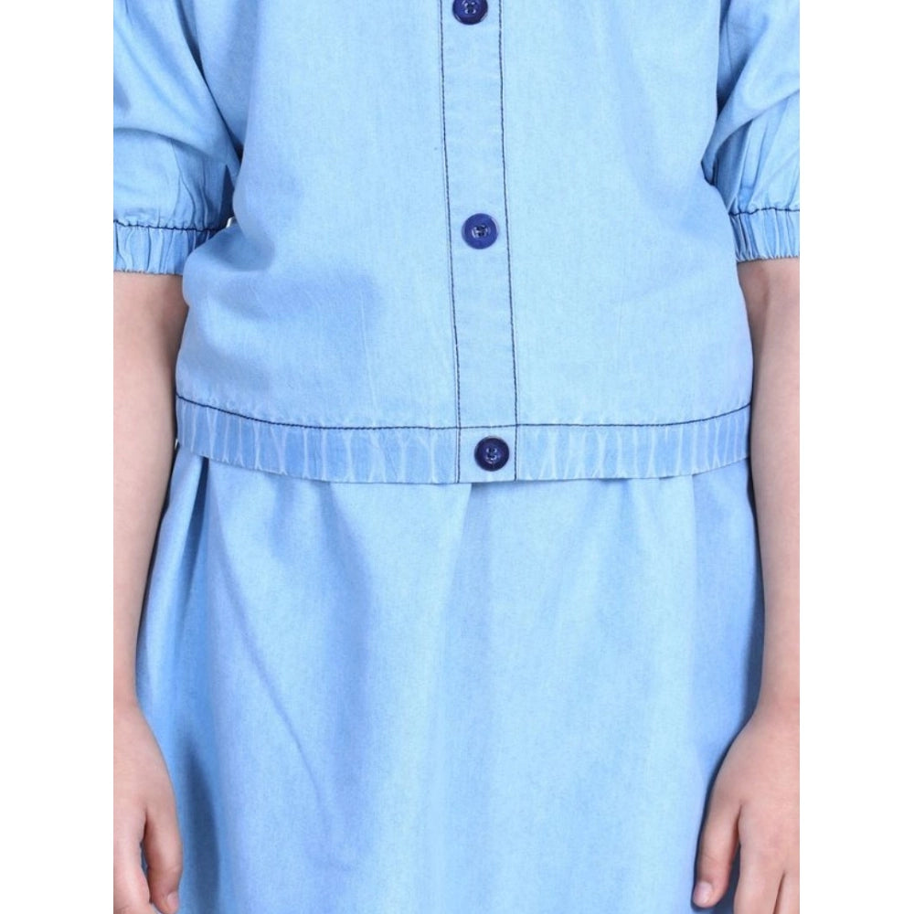 Girl's Denim Solid Cold Shoulder Top and Skirt Set (Light Blue)