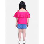 Girl's Rayon Solid Cold Shoulder Top with Shorts (Pink-Blue)