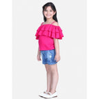 Girl's Rayon Solid Cold Shoulder Top with Shorts (Pink-Blue)