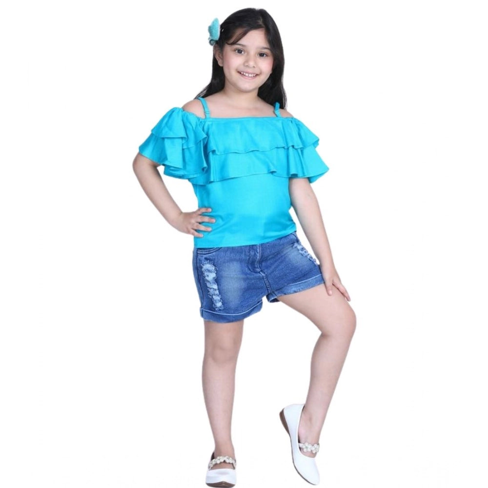 Girl's Rayon Solid Cold Shoulder Top with Shorts (Blue)