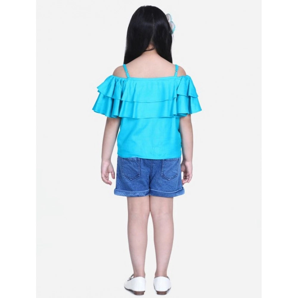 Girl's Rayon Solid Cold Shoulder Top with Shorts (Blue)