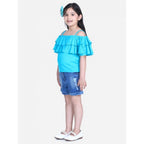 Girl's Rayon Solid Cold Shoulder Top with Shorts (Blue)