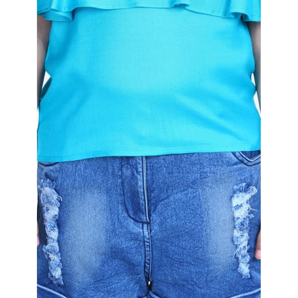 Girl's Rayon Solid Cold Shoulder Top with Shorts (Blue)
