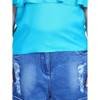 Girl's Rayon Solid Cold Shoulder Top with Shorts (Blue)