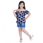 Girl's Rayon Solid Cold Shoulder Top with Shorts (Navy Blue)