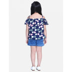 Girl's Rayon Solid Cold Shoulder Top with Shorts (Navy Blue)