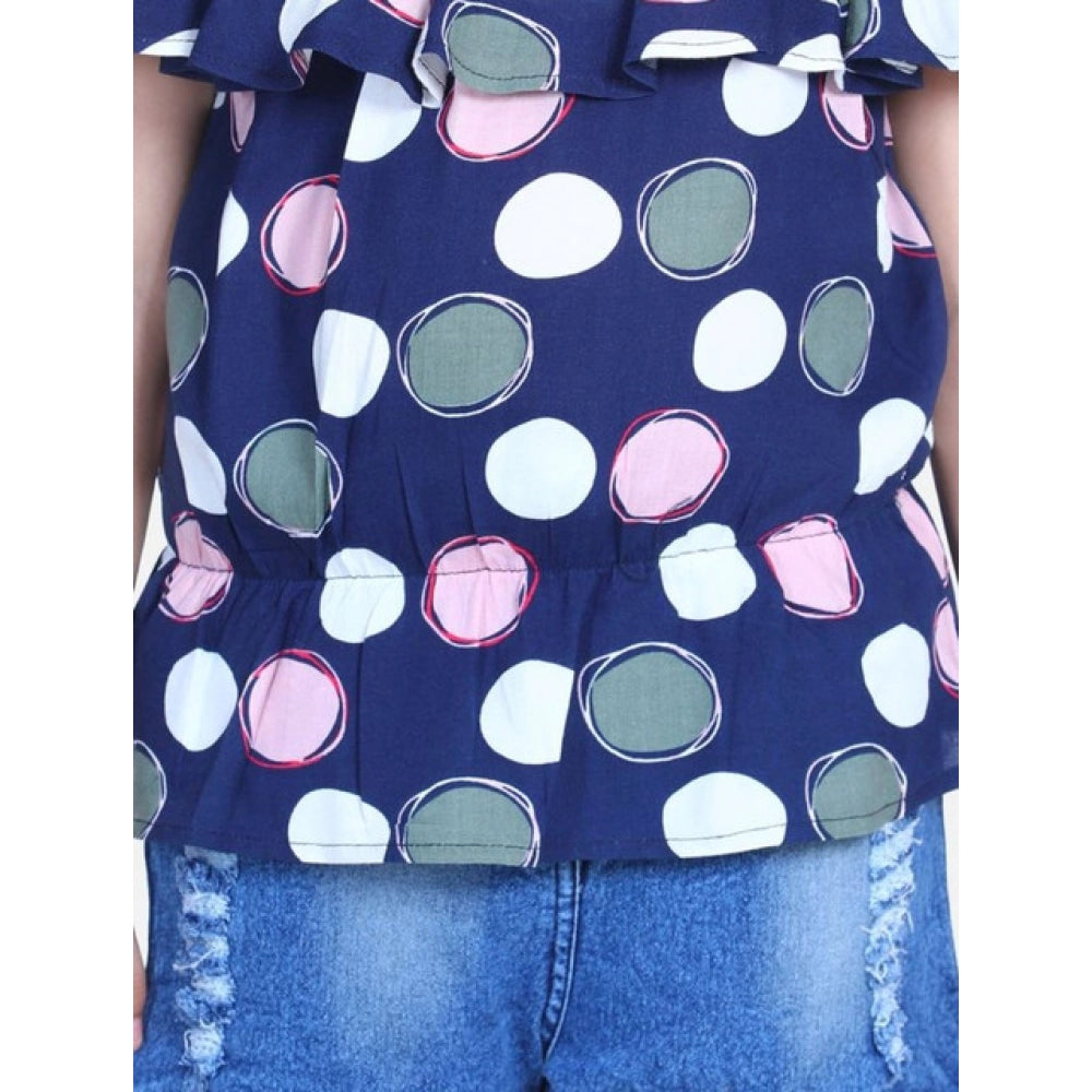 Girl's Rayon Solid Cold Shoulder Top with Shorts (Navy Blue)