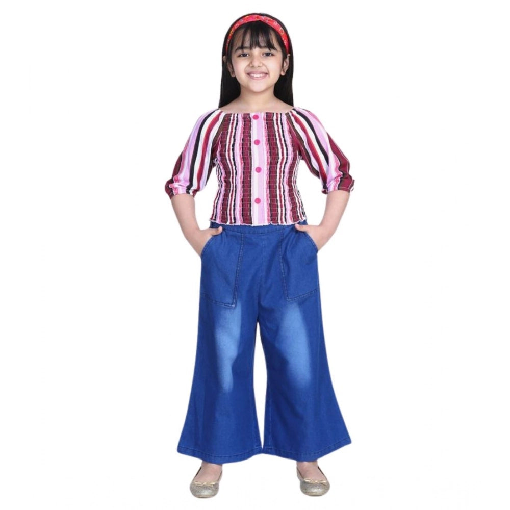 Girl's Rayon Solid Bell Sleeve Top with Culottes (Purple-Blue)