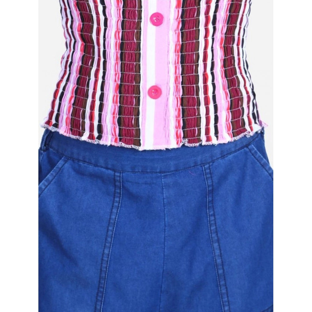 Girl's Rayon Solid Bell Sleeve Top with Culottes (Purple-Blue)