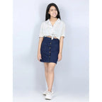 Girl's Denim Solid Buttoned Skirt (Navy Blue)