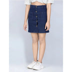 Girl's Denim Solid Buttoned Skirt (Navy Blue)