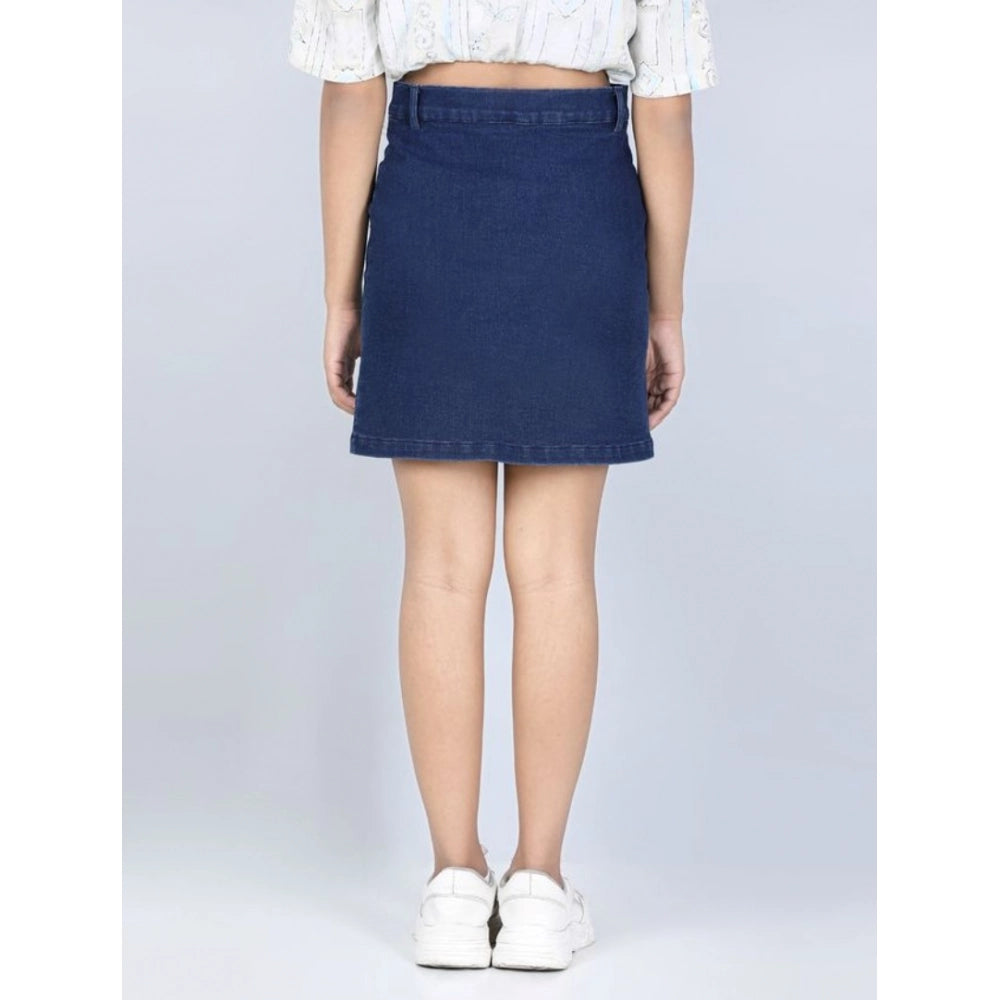 Girl's Denim Solid Buttoned Skirt (Navy Blue)