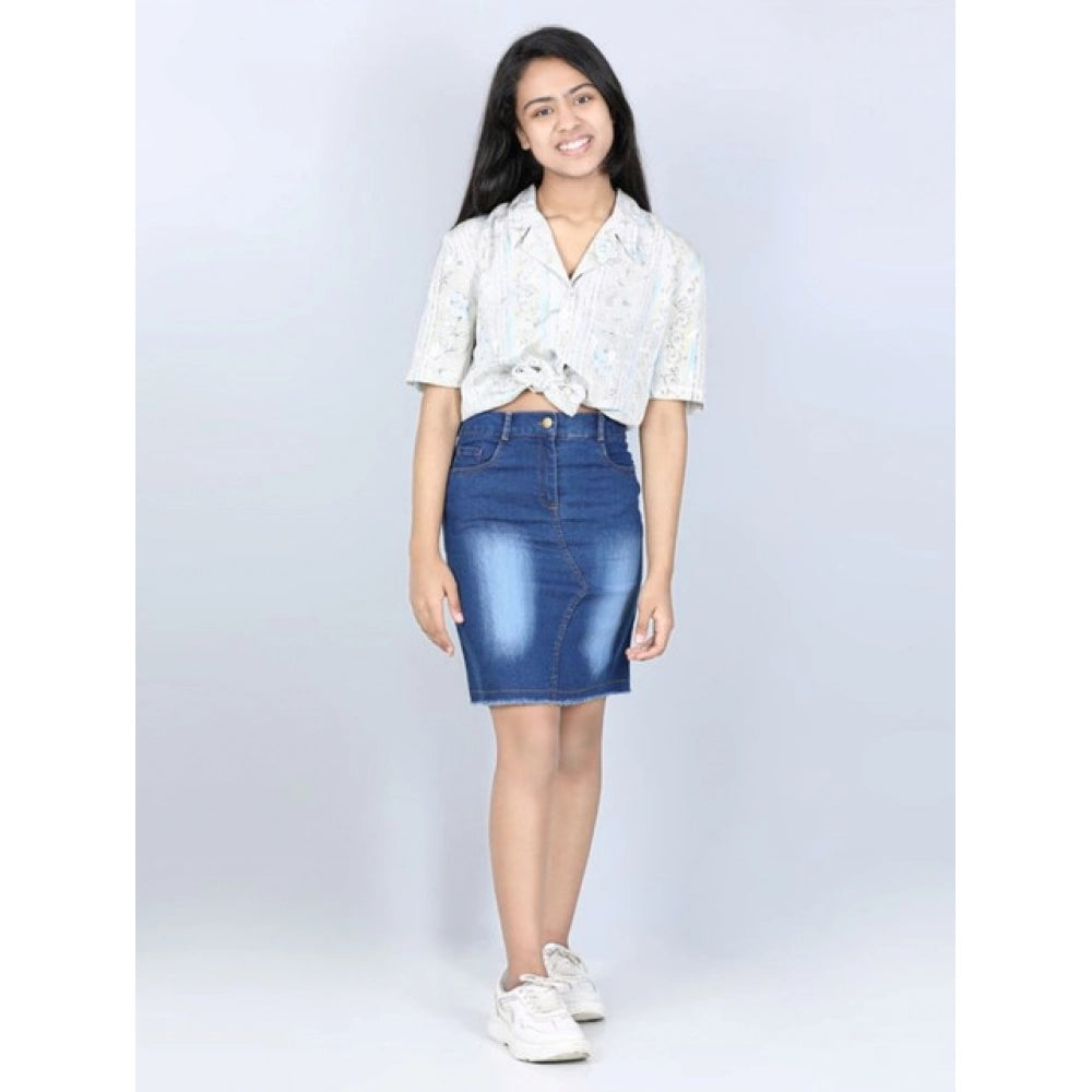 Girl's Denim Solid Buttoned Skirt (Blue)
