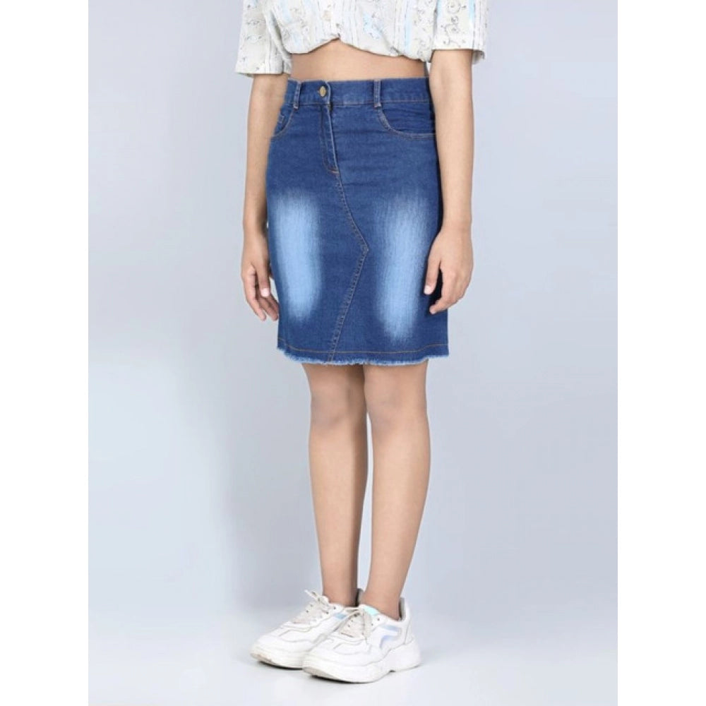 Girl's Denim Solid Buttoned Skirt (Blue)