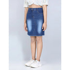 Girl's Denim Solid Buttoned Skirt (Blue)
