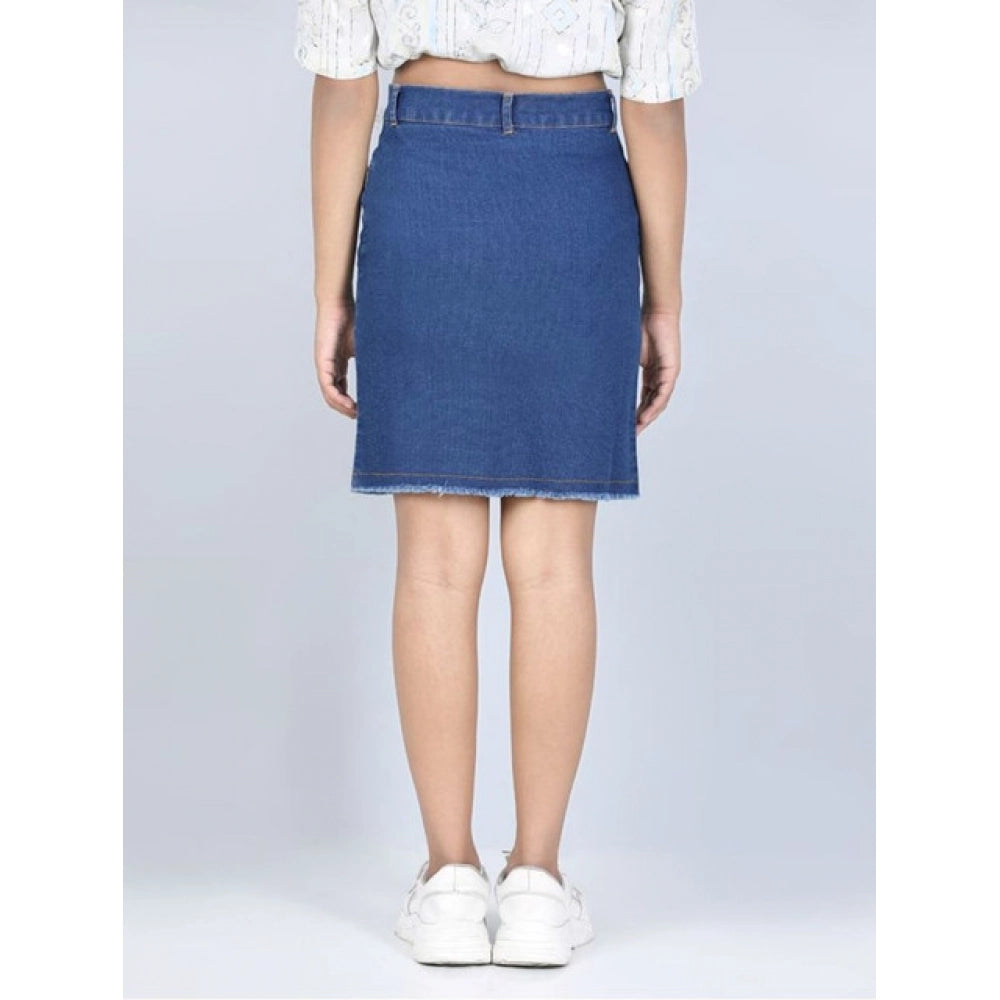 Girl's Denim Solid Buttoned Skirt (Blue)