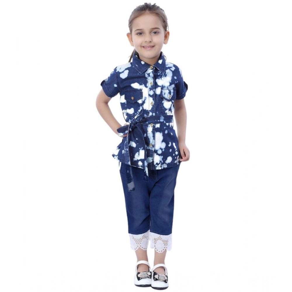 Girl's Denim Tie &amp; Dye Short Sleeve Top (Blue-White)