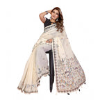 Women's Linen Cotton Printed Saree With Unstitched Blouse 5.5Mtr (Off White)