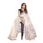 Women's Linen Cotton Printed Saree With Unstitched Blouse 5.5Mtr (Off White)