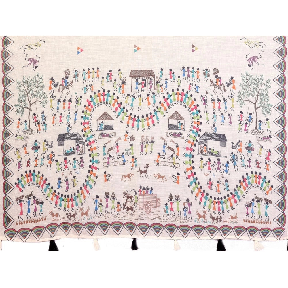Women's Linen Cotton Printed Saree With Unstitched Blouse 5.5Mtr (Off White)