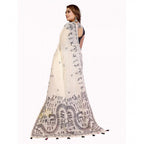 Women's Linen Cotton Printed Saree With Unstitched Blouse 5.5Mtr (Off White)
