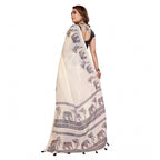 Women's Linen Cotton Printed Saree With Unstitched Blouse 5.5Mtr (Off White)