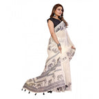 Women's Linen Cotton Printed Saree With Unstitched Blouse 5.5Mtr (Off White)