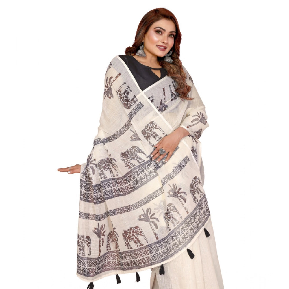 Women's Linen Cotton Printed Saree With Unstitched Blouse 5.5Mtr (Off White)