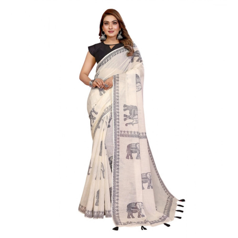 Women's Linen Cotton Printed Saree With Unstitched Blouse 5.5Mtr (Off White)