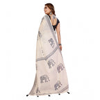 Women's Linen Cotton Printed Saree With Unstitched Blouse 5.5Mtr (Off White)