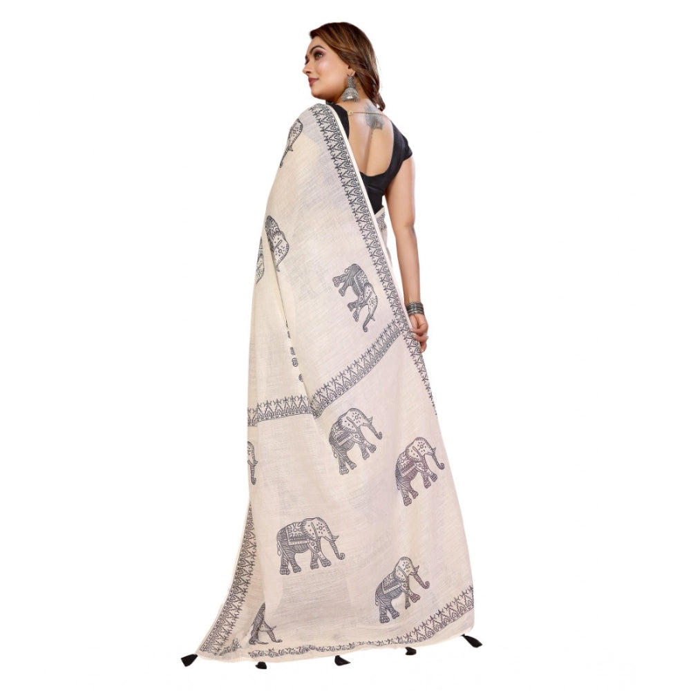 Women's Linen Cotton Printed Saree With Unstitched Blouse 5.5Mtr (Off White)