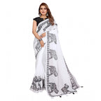 Women's Linen Cotton Printed Saree With Unstitched Blouse 5.5Mtr (White)