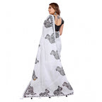 Women's Linen Cotton Printed Saree With Unstitched Blouse 5.5Mtr (White)