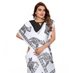 Women's Linen Cotton Printed Saree With Unstitched Blouse 5.5Mtr (White)